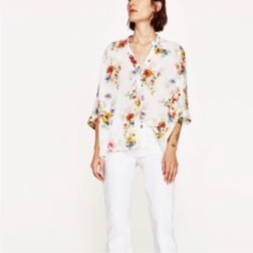 Zara Basic Floral Button Front Oversized Tunic Wh… - image 3